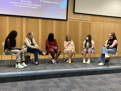 Denise Merrill (Fm. CT Secretary of State), Terra Volpe (CT Against Gun Violence), Leila Affini (Manchester youth leader), speaking on female empowerment panel